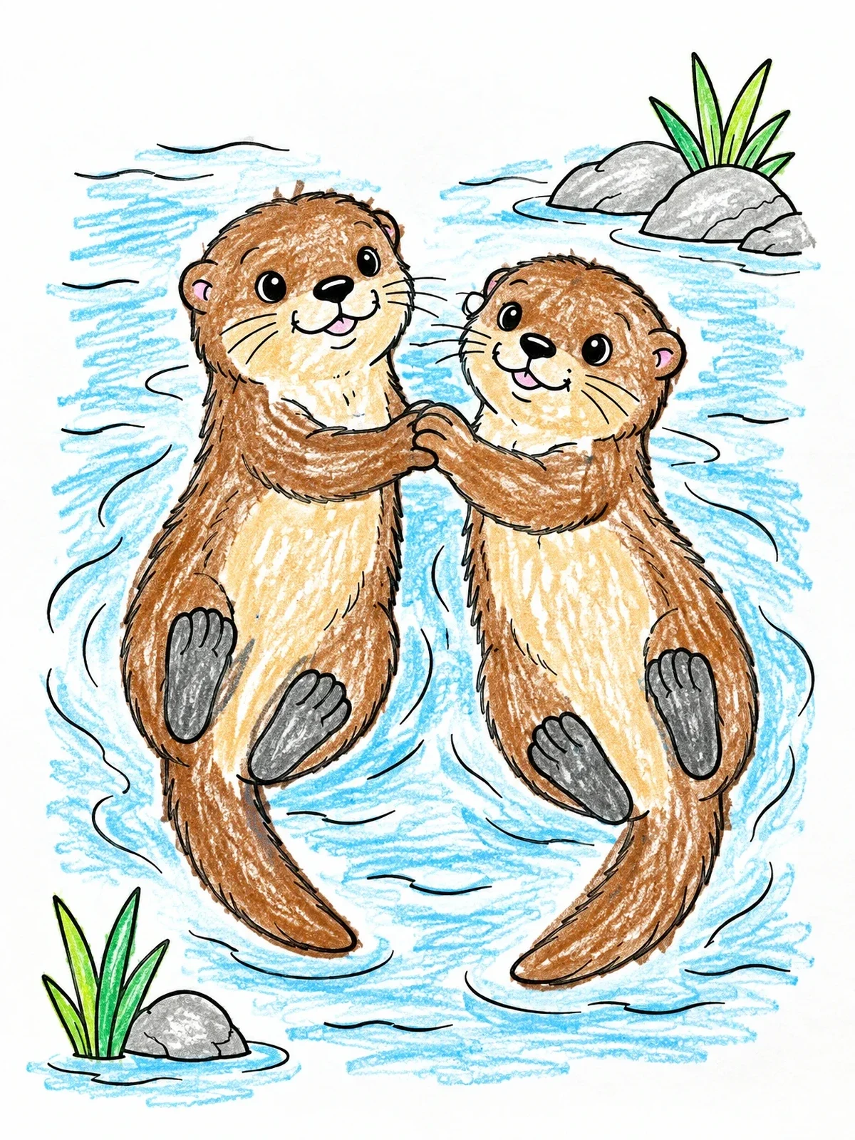 Colored example of the Two Otters Holding Paws In Water coloring page