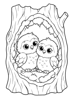 Two cute baby owls cuddling inside a cozy nest on this owl coloring page.