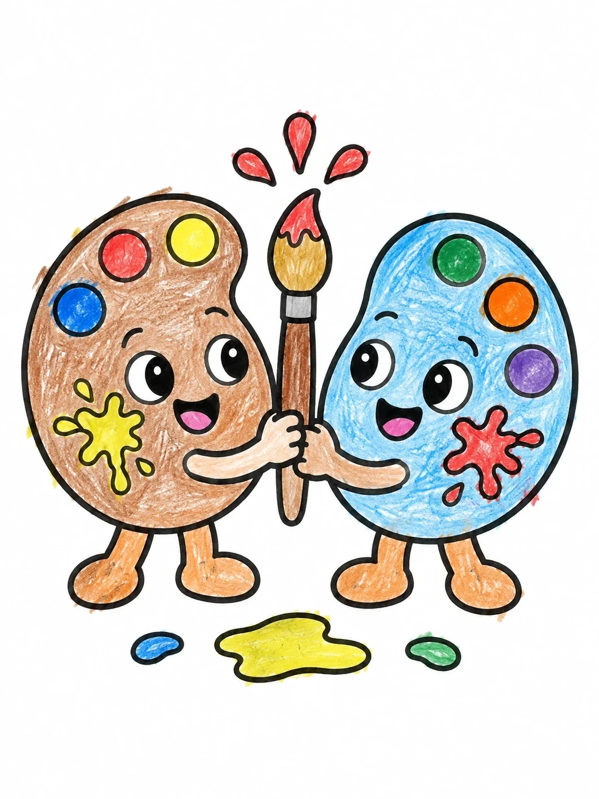 Colored example of the Playful Paint Palettes Sharing A Brush coloring page