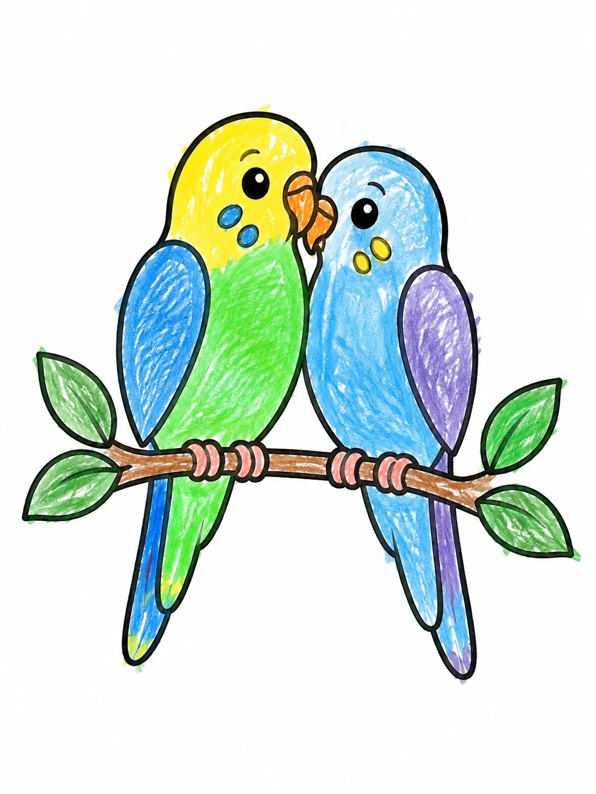 Colored example of the Two Parakeets Perched On A Branch coloring page