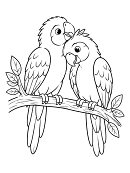 A parrot coloring page featuring two cute lovebirds sitting close together on a leafy branch.