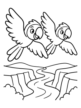 A sweet parrot coloring page featuring two cartoon birds soaring above a winding river canyon.