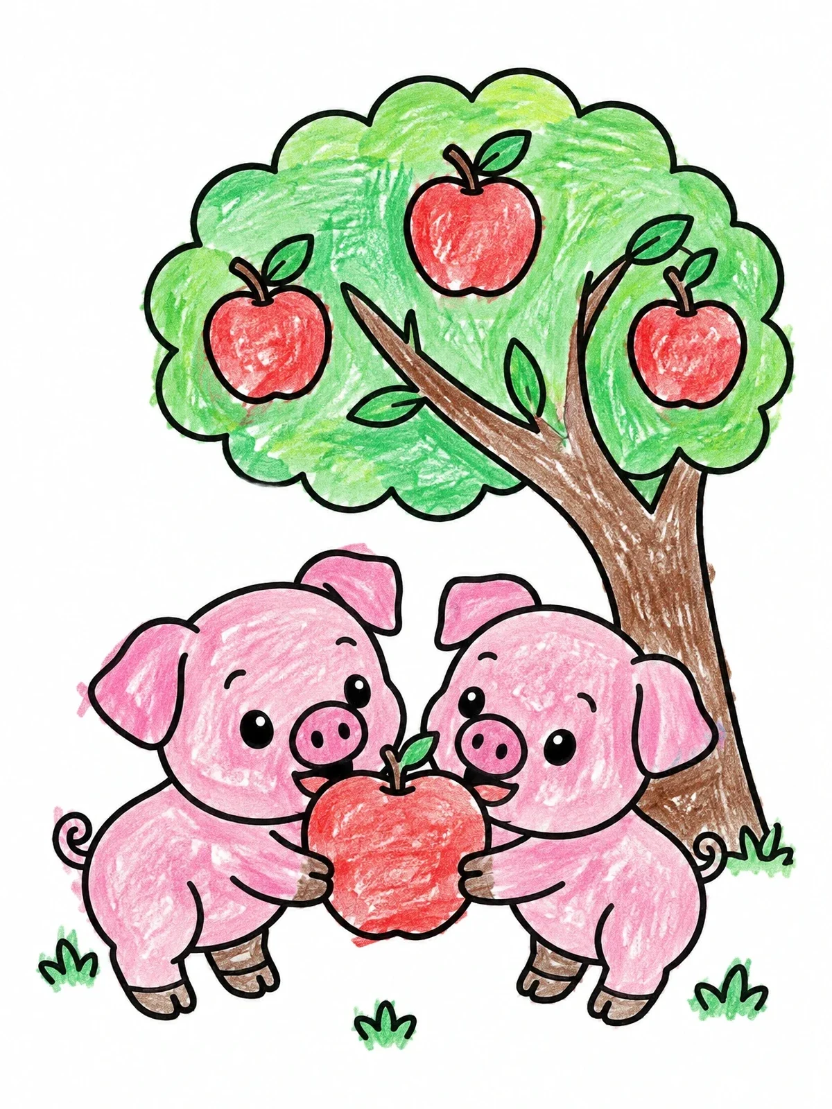 Colored example of the Two Piglets Sharing An Apple coloring page