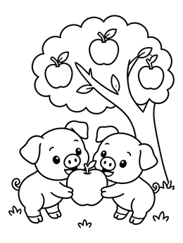 Free printable Two Piglets Sharing An Apple coloring page