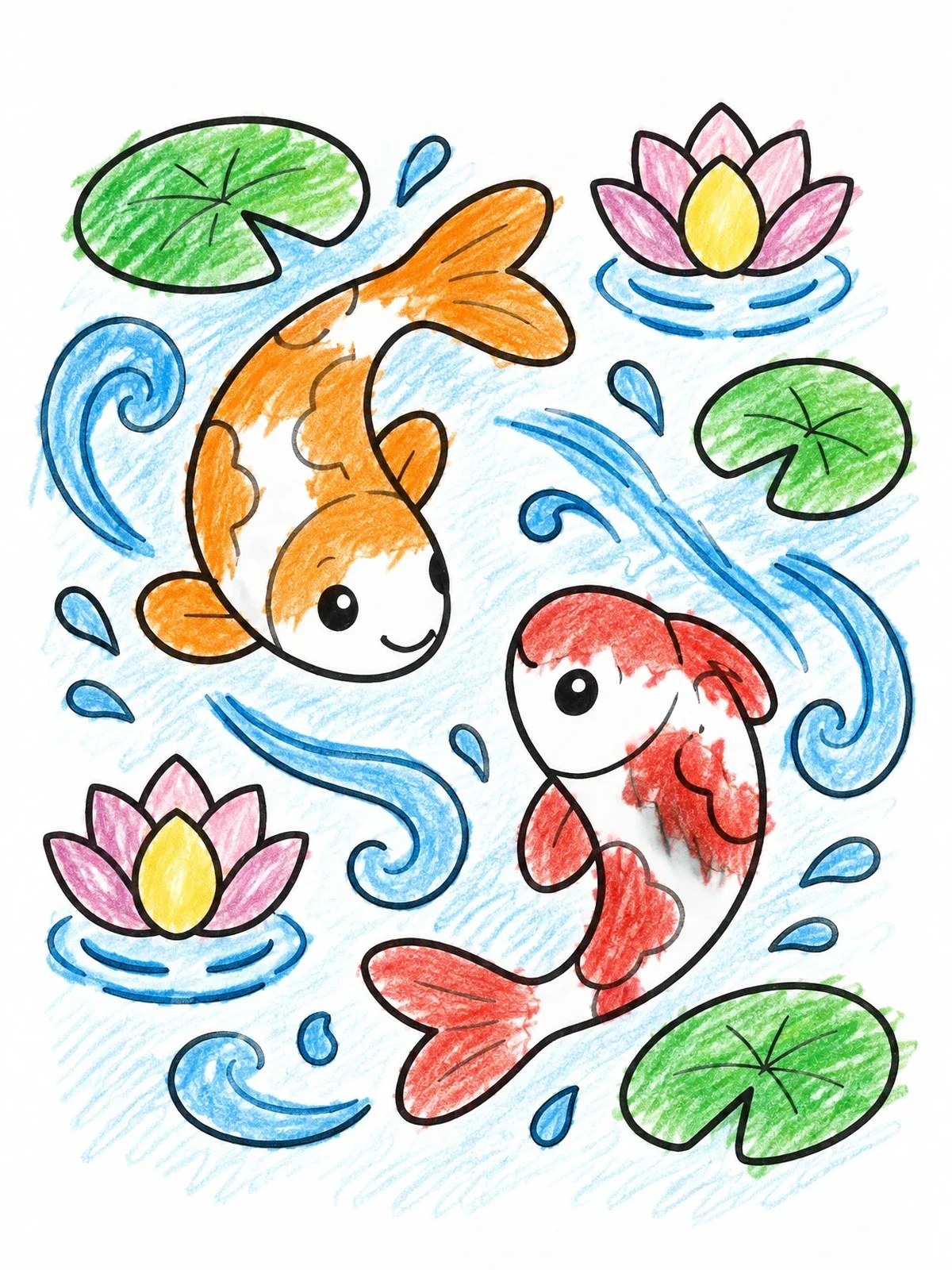 Colored example of the Two Playful Koi In Pond coloring page