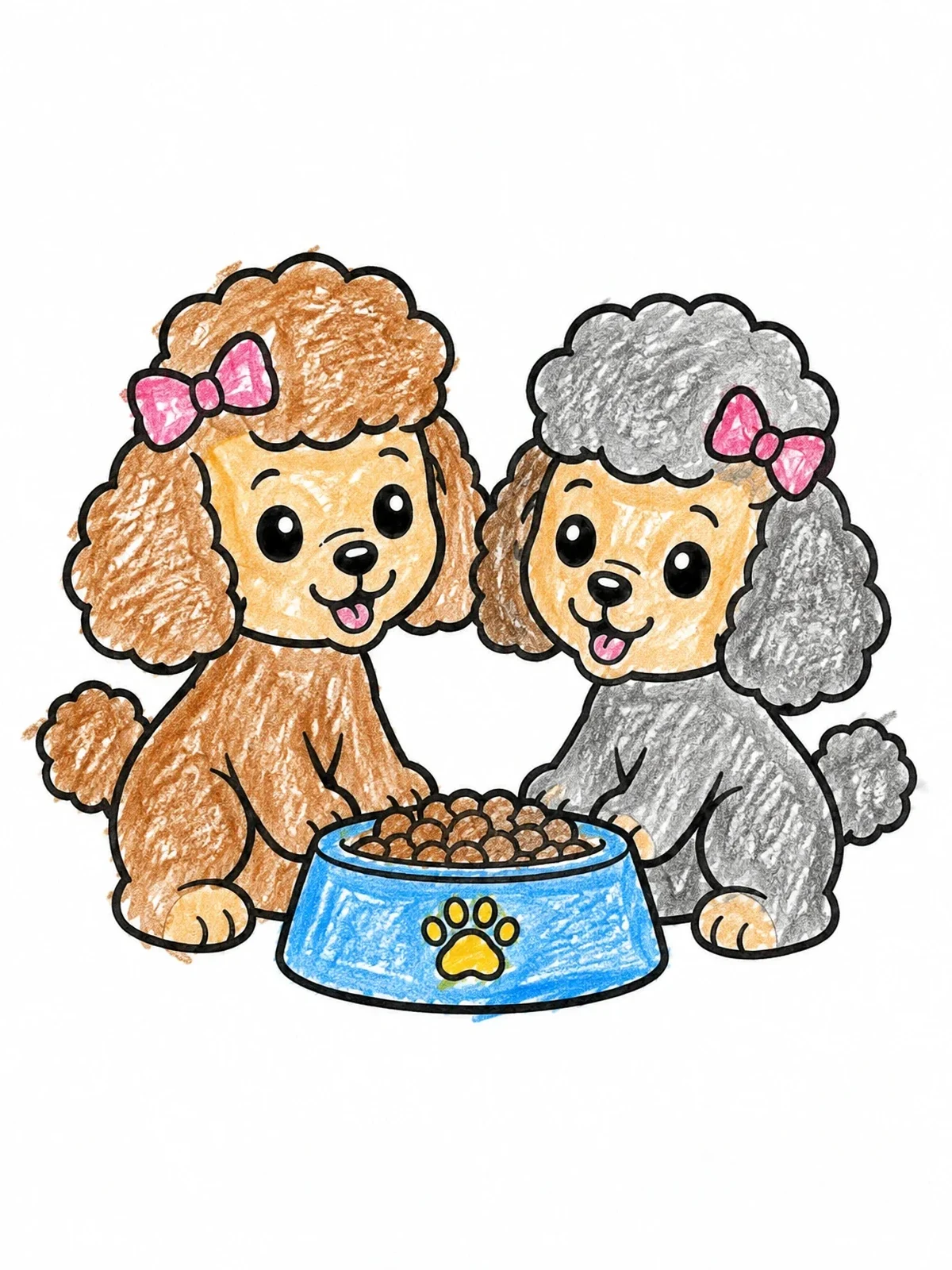Colored example of the Two Poodle Puppies Sharing Dog Food coloring page
