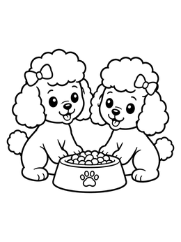 Two cute puppies at a food dish in this poodle coloring page.