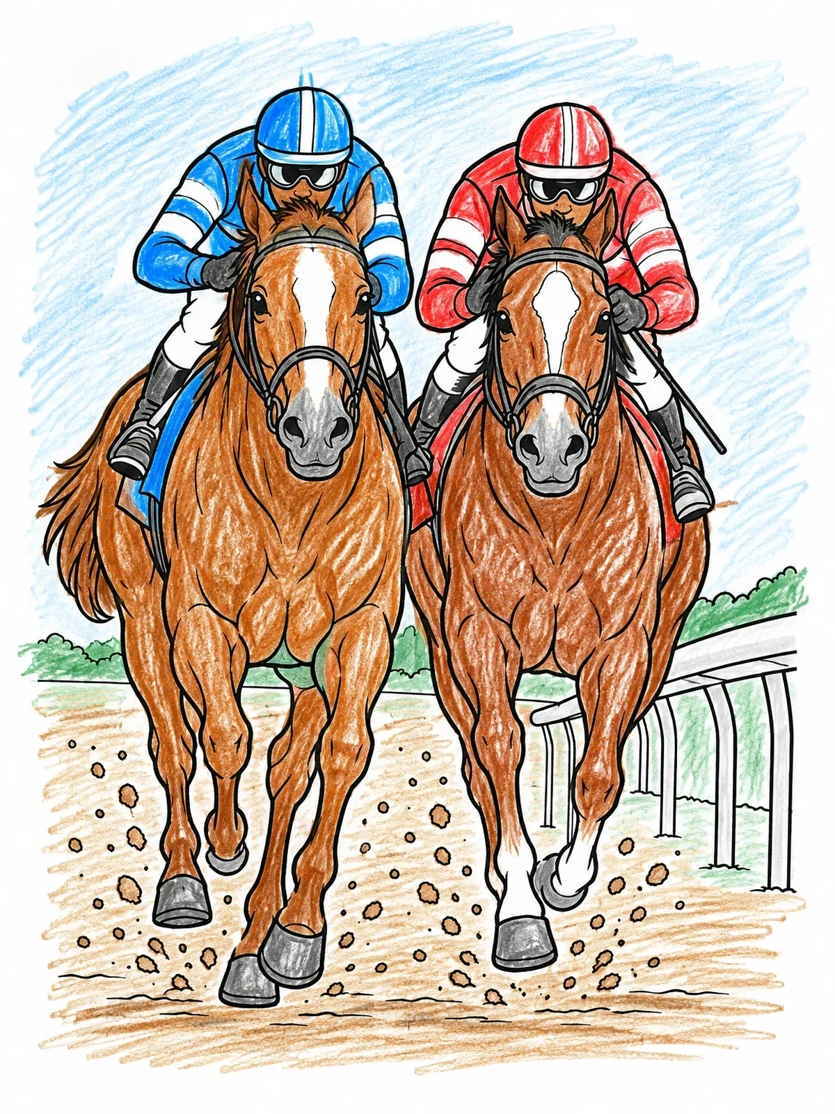 Colored example of the Two Racehorses Galloping Head To Head coloring page