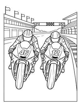 Two racers speed side by side on this motorcycle coloring page.