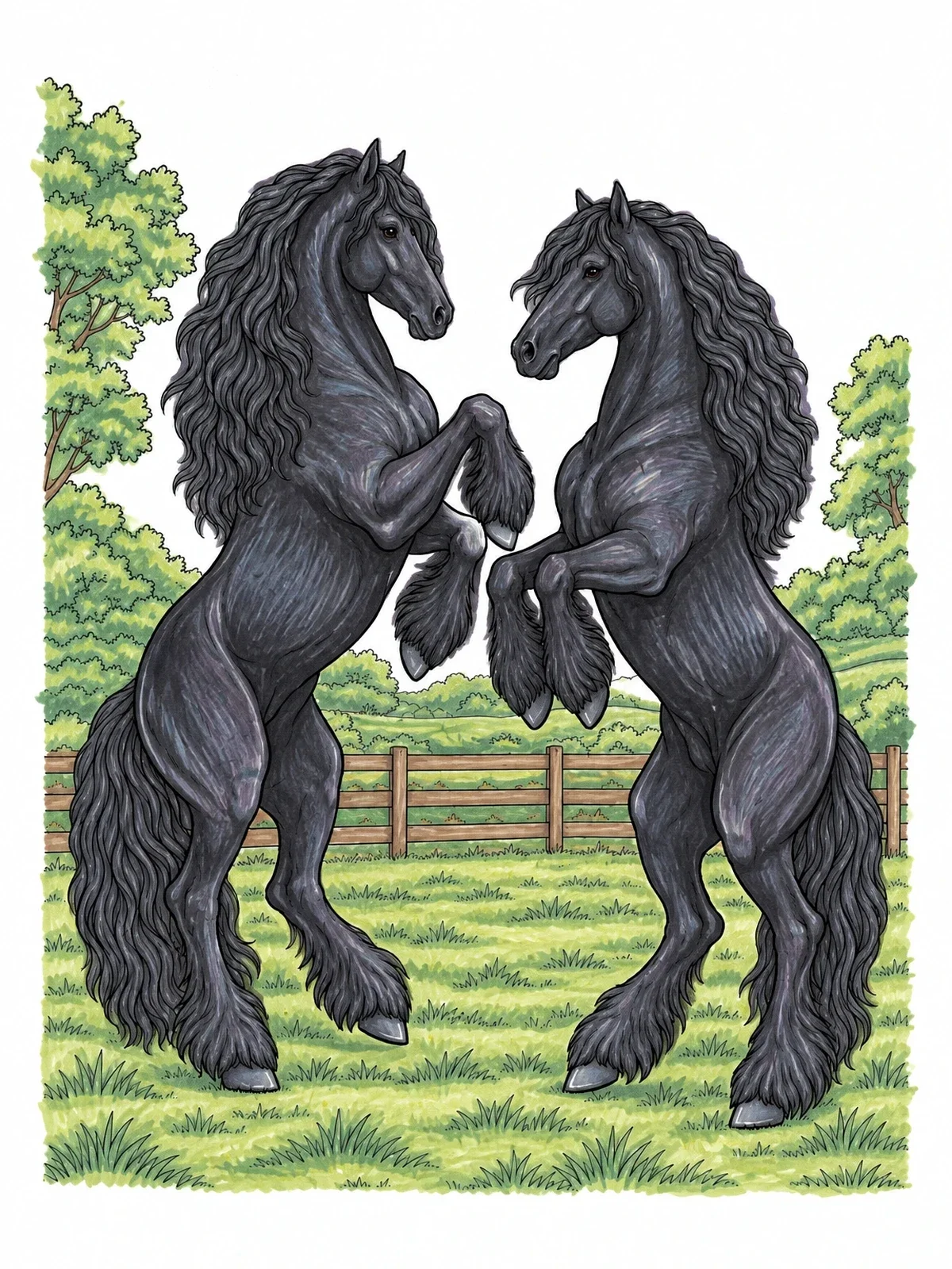 Colored example of the Two Friesian Stallions Rearing In Paddock coloring page