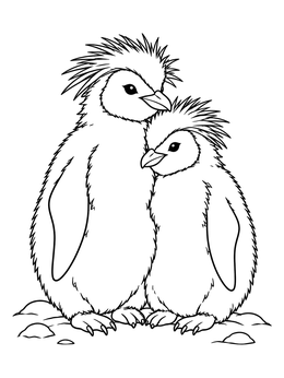 Two young chicks cuddle together on this rockhopper penguin coloring page.