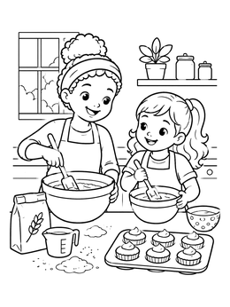 Free printable Two Sisters Baking Cupcakes In Kitchen coloring page