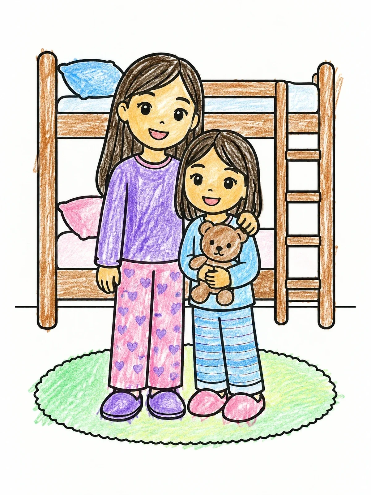 Colored example of the Two Sisters By The Bunk Bed coloring page