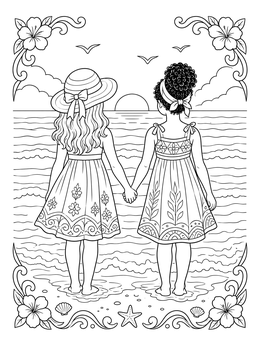 Two young girls holding hands on the beach in this sisters forever coloring page.