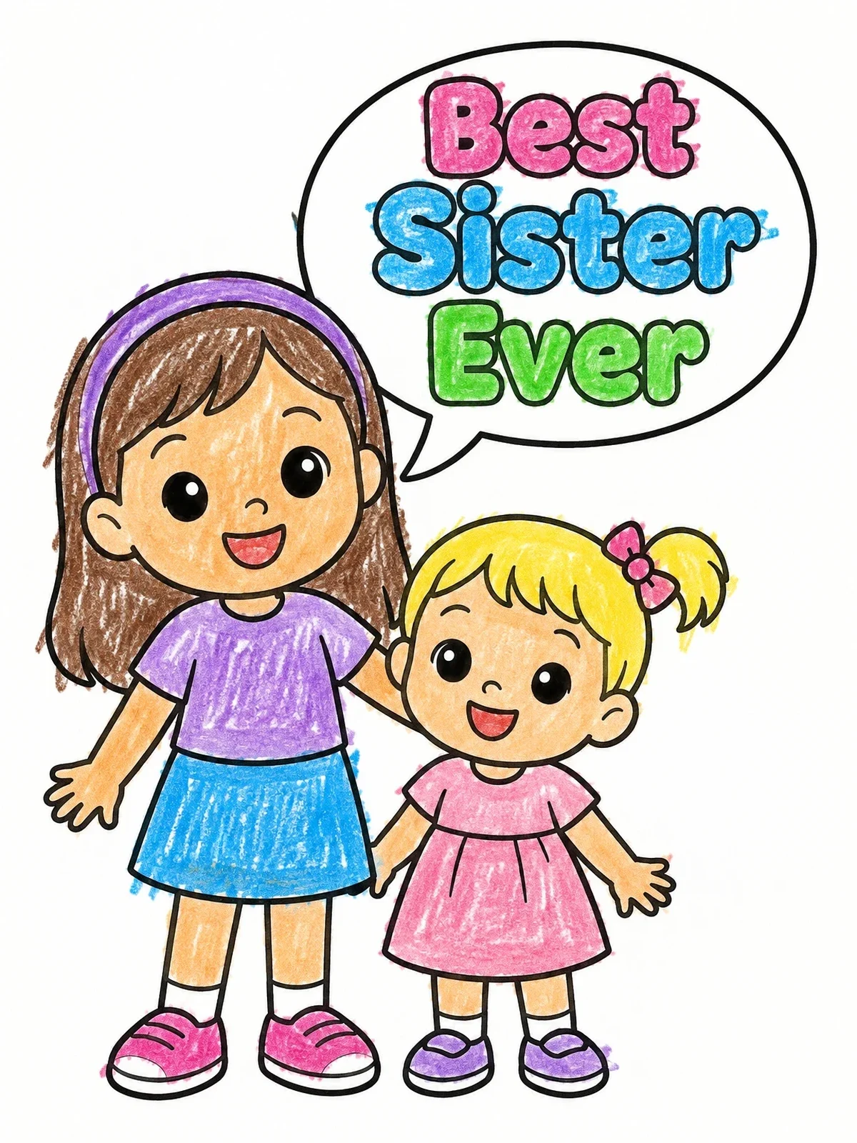 Colored example of the Two Sisters Standing Together Smiling coloring page