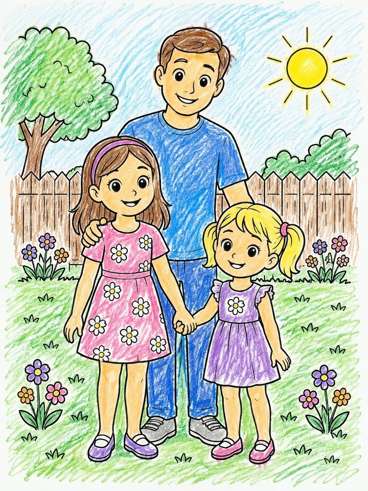 Colored example of the Two Sisters With Dad Outdoors coloring page