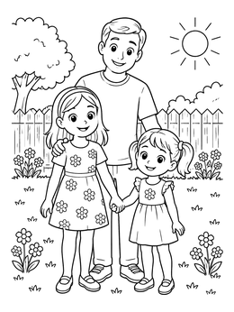 Free printable Two Sisters With Dad Outdoors coloring page
