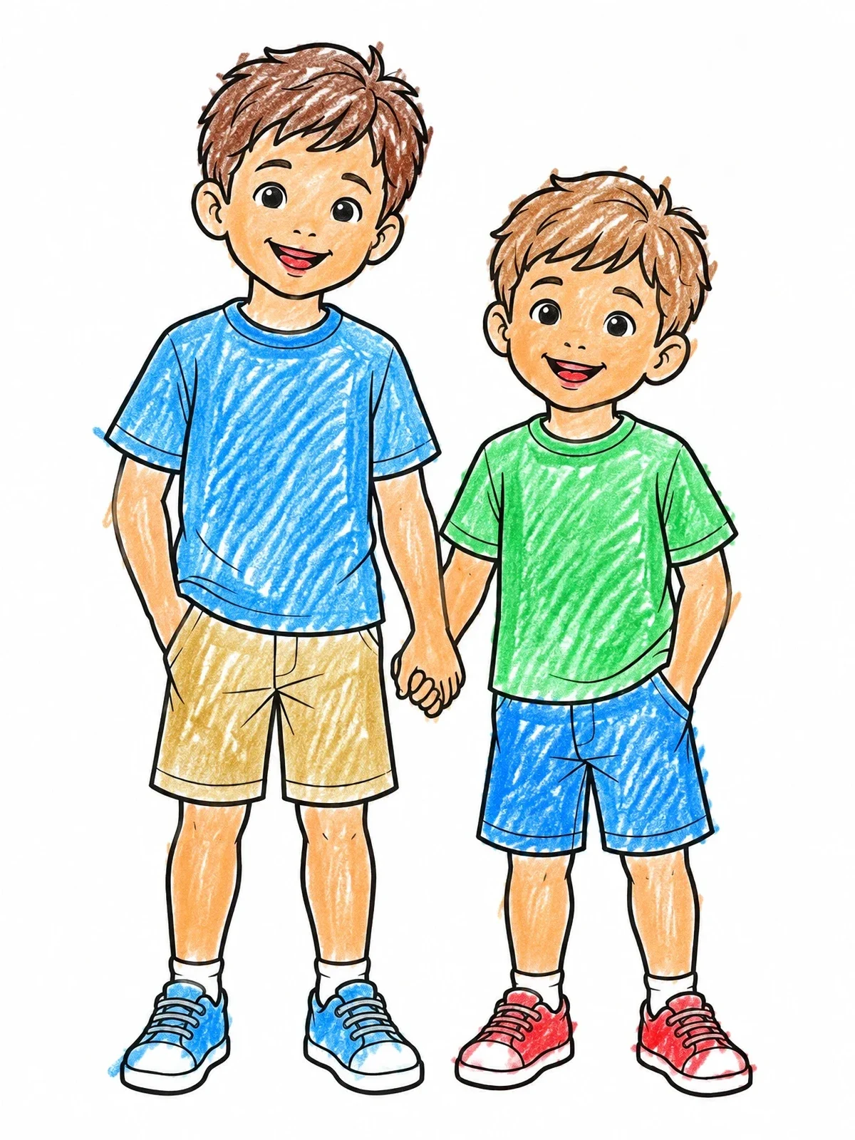 Colored example of the Two Smiling Brothers Holding Hands coloring page