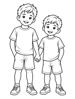 Two happy young boys hold hands on this brother coloring page.