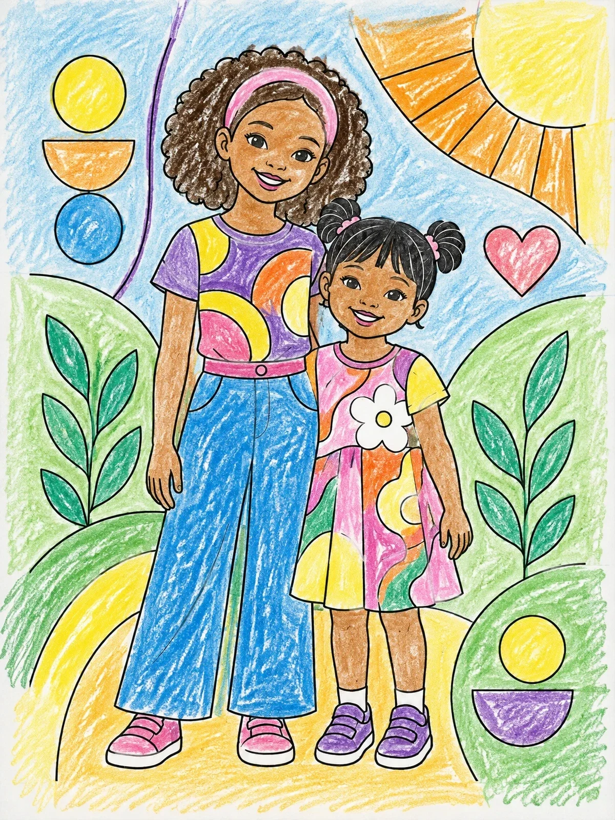 Colored example of the Two Smiling Sisters Outdoors coloring page