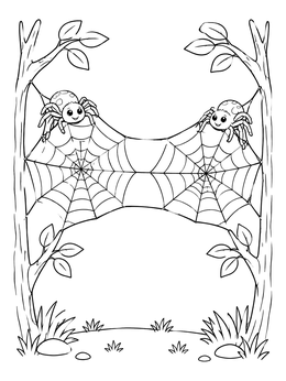 A cheerful spider coloring page with two smiling spiders sitting on connected webs between trees.