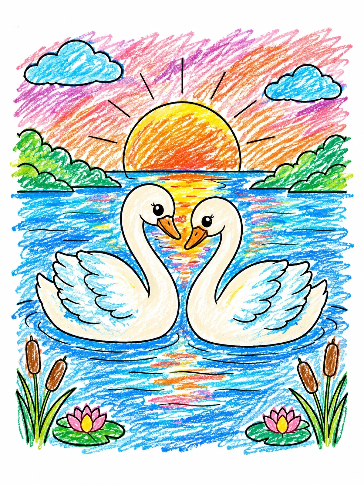 Colored example of the Two Swans At Sunset Lake coloring page