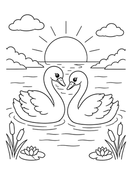Free printable Two Swans At Sunset Lake coloring page