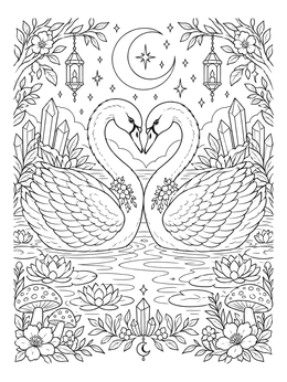 A magical night scene with a swan coloring page showing two swans forming a heart under a crescent moon.