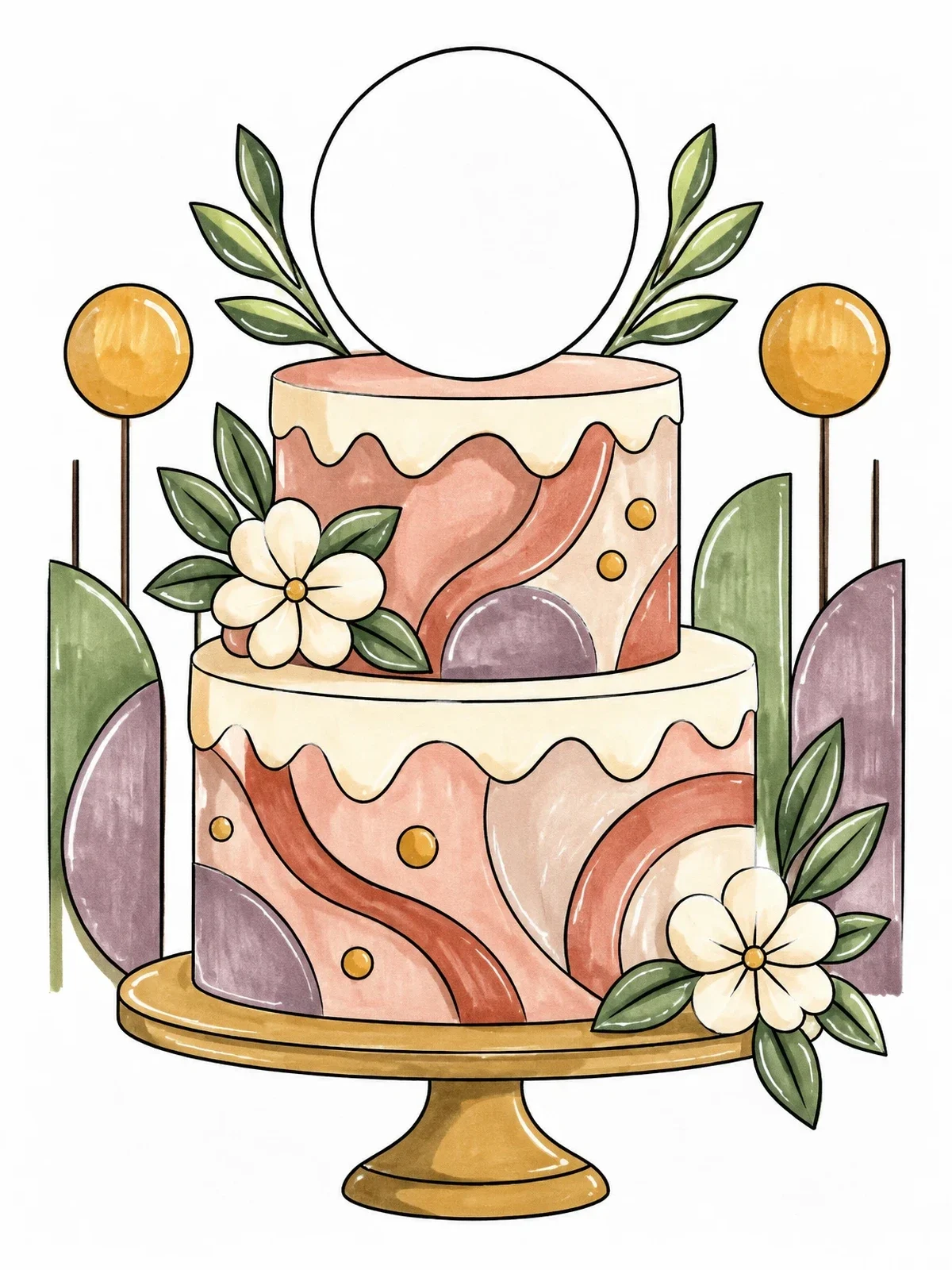 Colored example of the Two Tier Floral Wedding Cake With Topper Circle coloring page