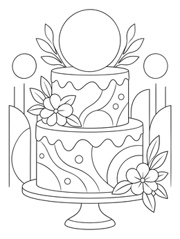 A decorative two-tier wedding cake coloring page on a stand with floral accents and a round topper.