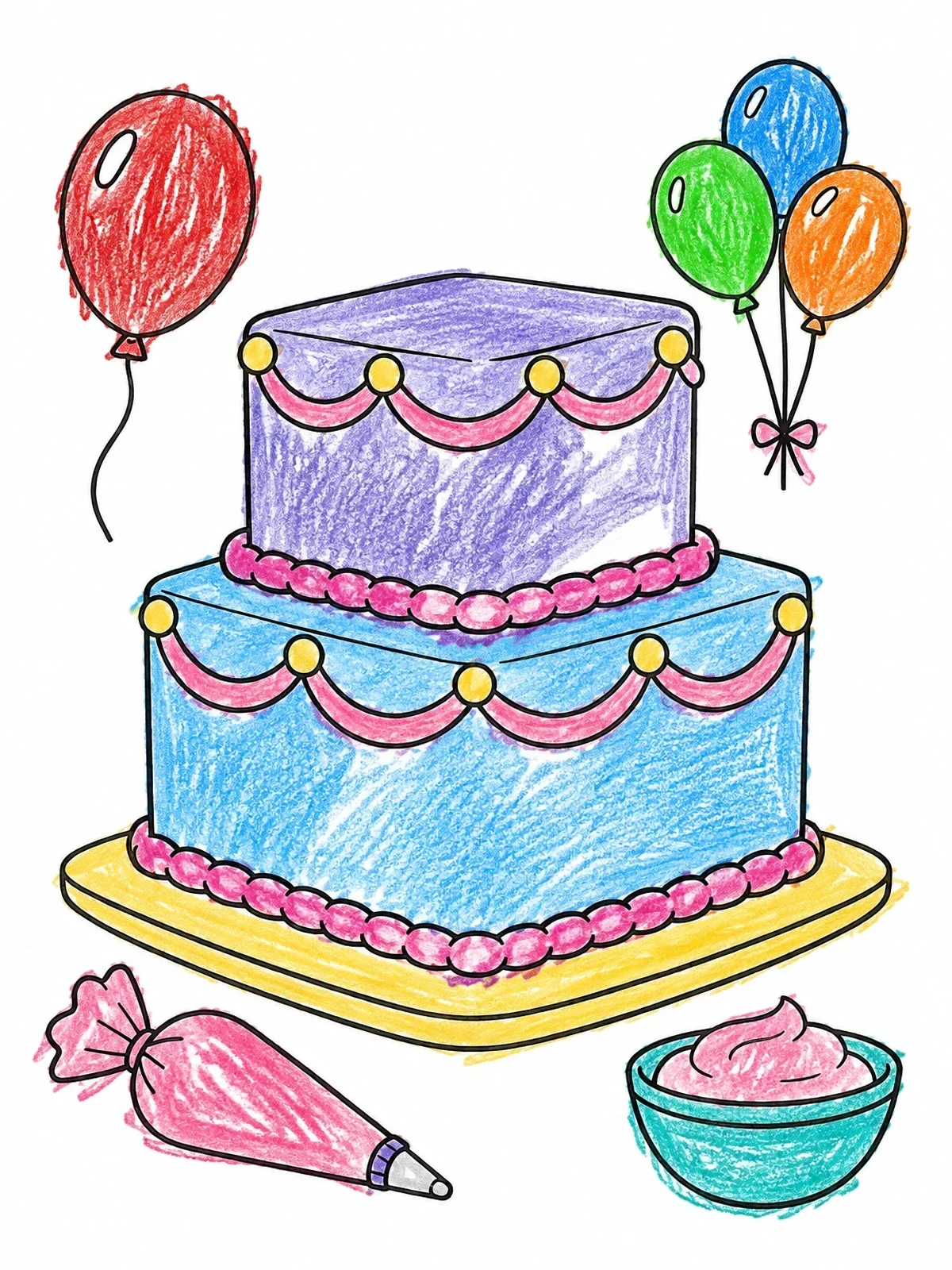 Colored example of the Two Tier Square Celebration Cake coloring page