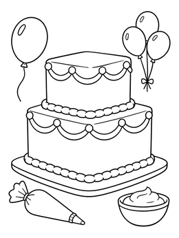 A two-tier square cake coloring page with balloons, frosting piping bag, and a bowl of icing.