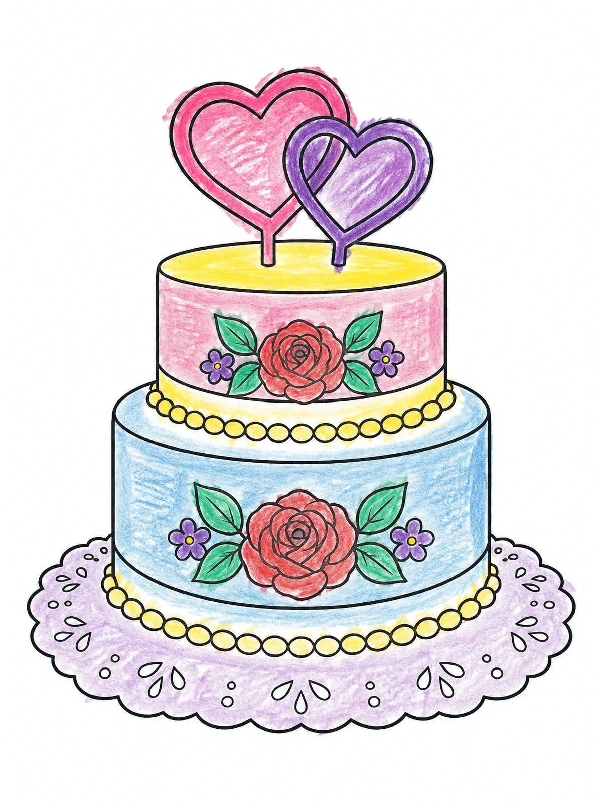 Colored example of the Two Tier Cake With Heart Toppers coloring page