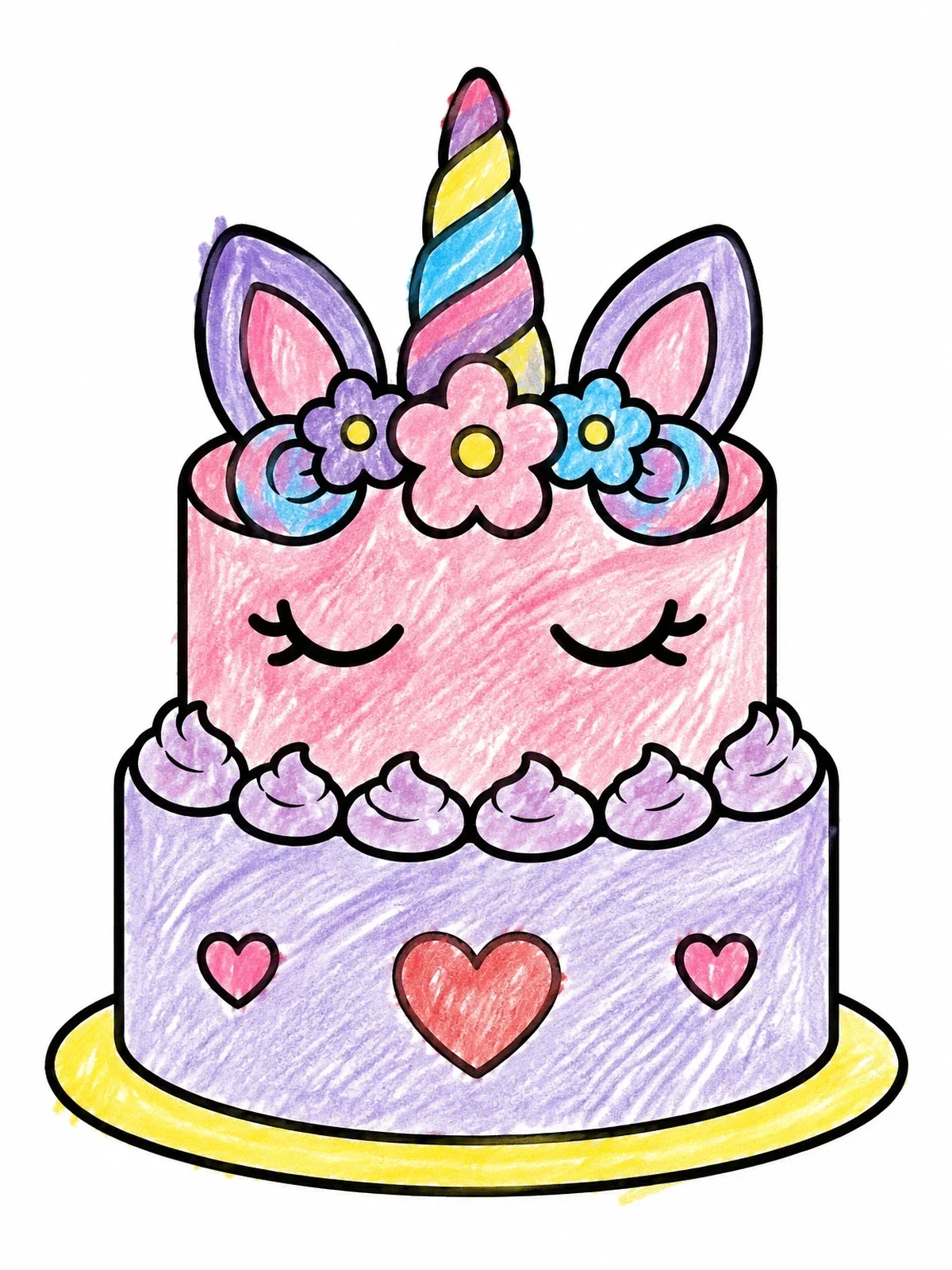 Colored example of the Two Tiered Unicorn Cake With Flowers coloring page