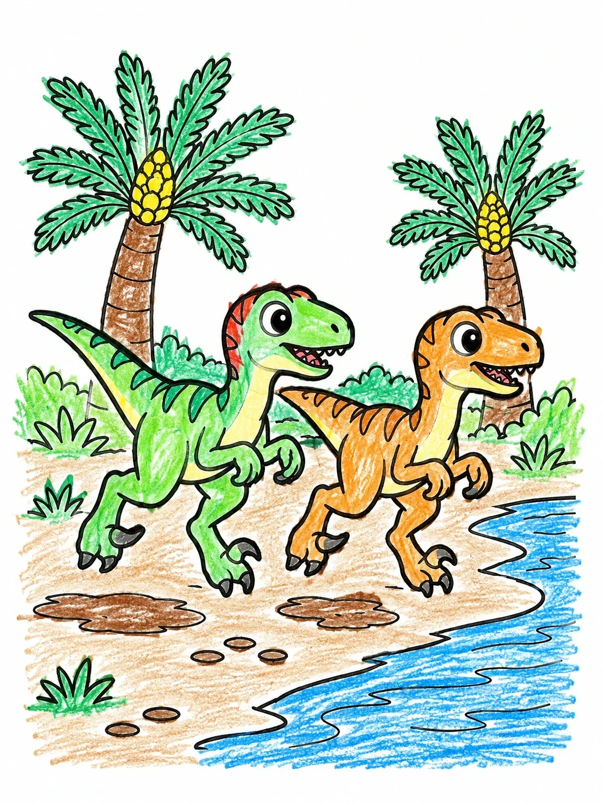 Colored example of the Two Cute Velociraptors By The River coloring page