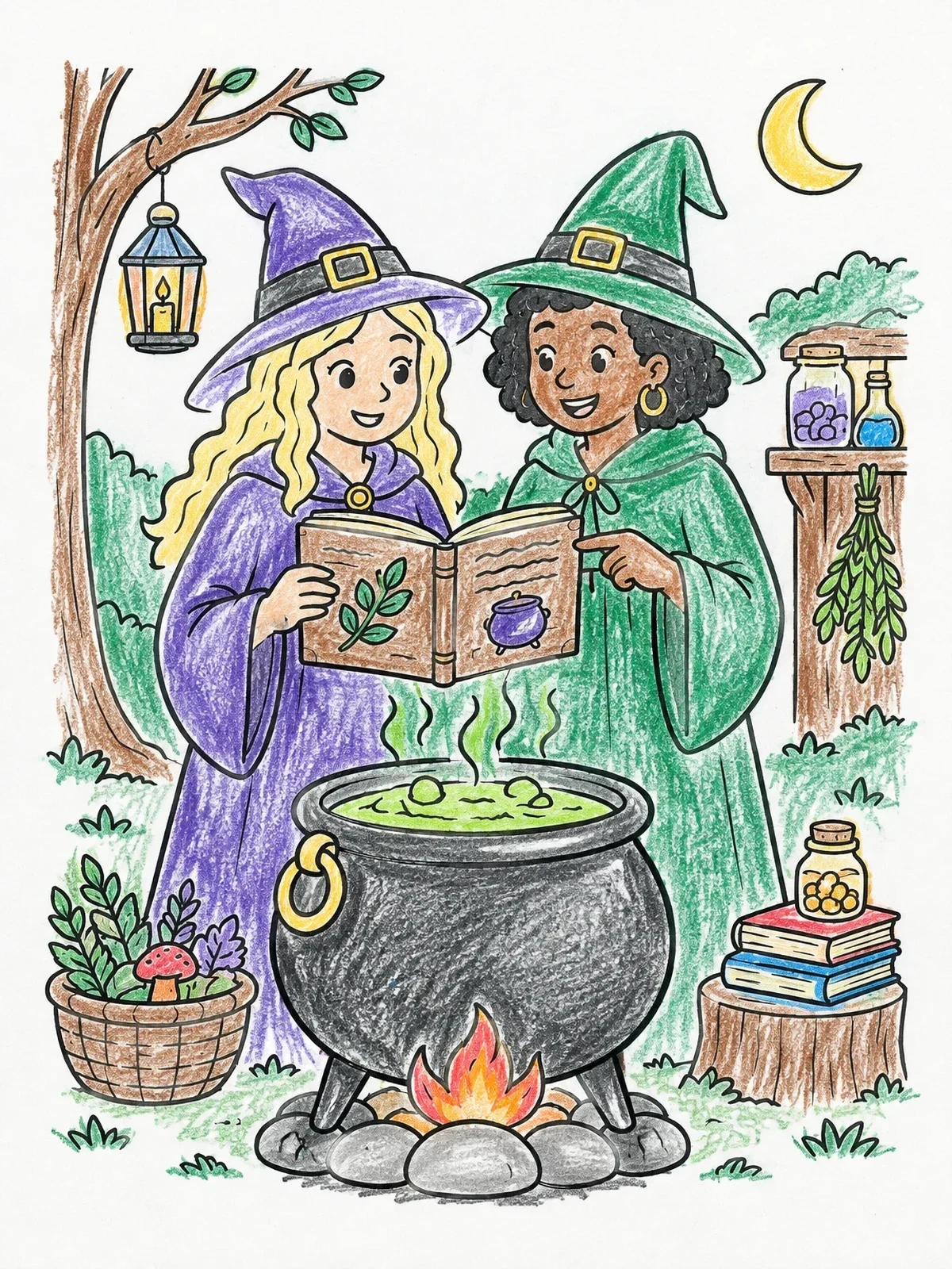 Colored example of the Two Witches Brewing A Potion coloring page
