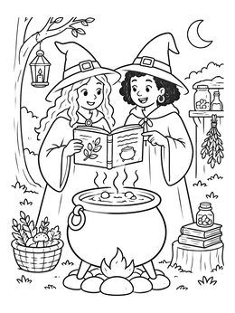 Two friendly witches read a spellbook over a cauldron in this witch coloring page.