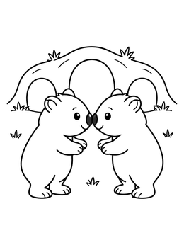 A friendly wombat coloring page showing two cute wombats touching noses outside their burrow.