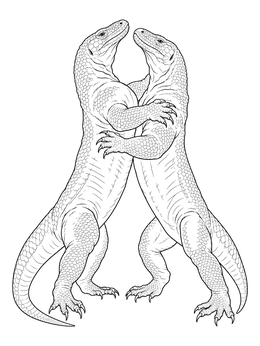 Two large lizards clash upright in this detailed komodo dragon coloring page.