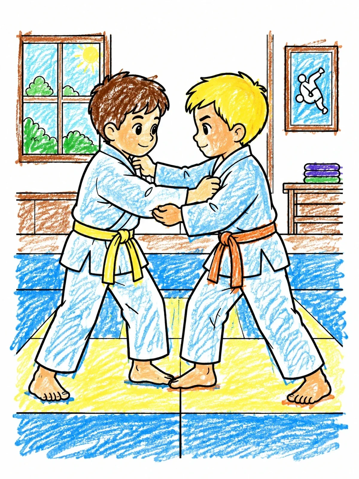 Colored example of the Two Young Boys Practicing Judo coloring page