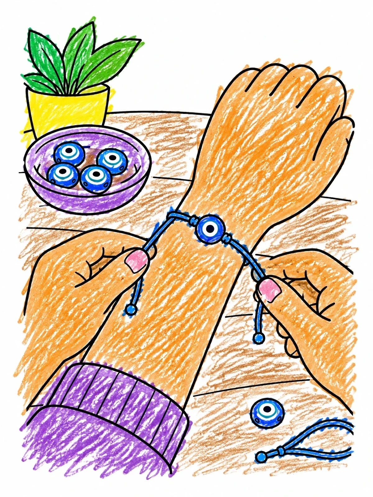 Colored example of the Tying An Evil Eye Bracelet coloring page