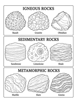 An educational rock and mineral coloring page showing igneous, sedimentary, and metamorphic rock specimens.