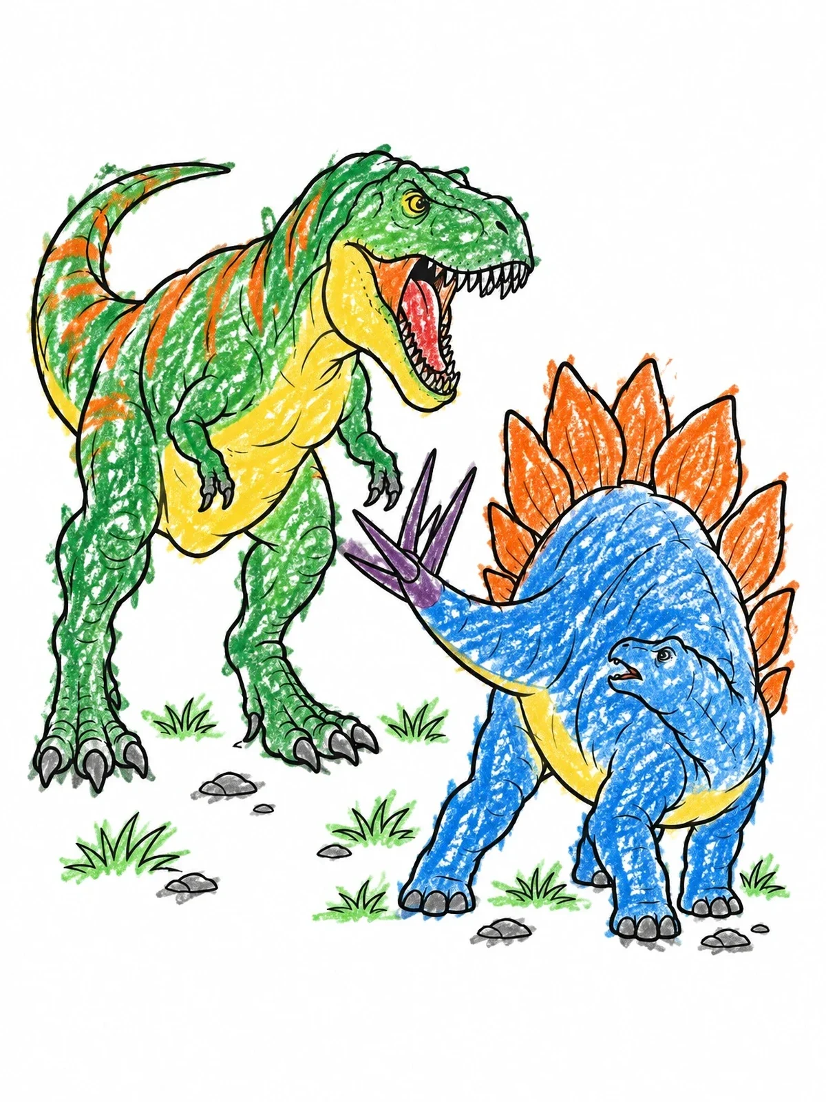 Colored example of the Tyrannosaurus Rex Facing A Stegosaurus coloring page