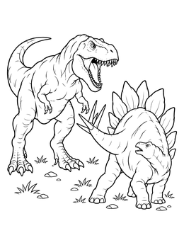 A fierce roar erupts in this t rex coloring page as it confronts a defensive Stegosaurus.