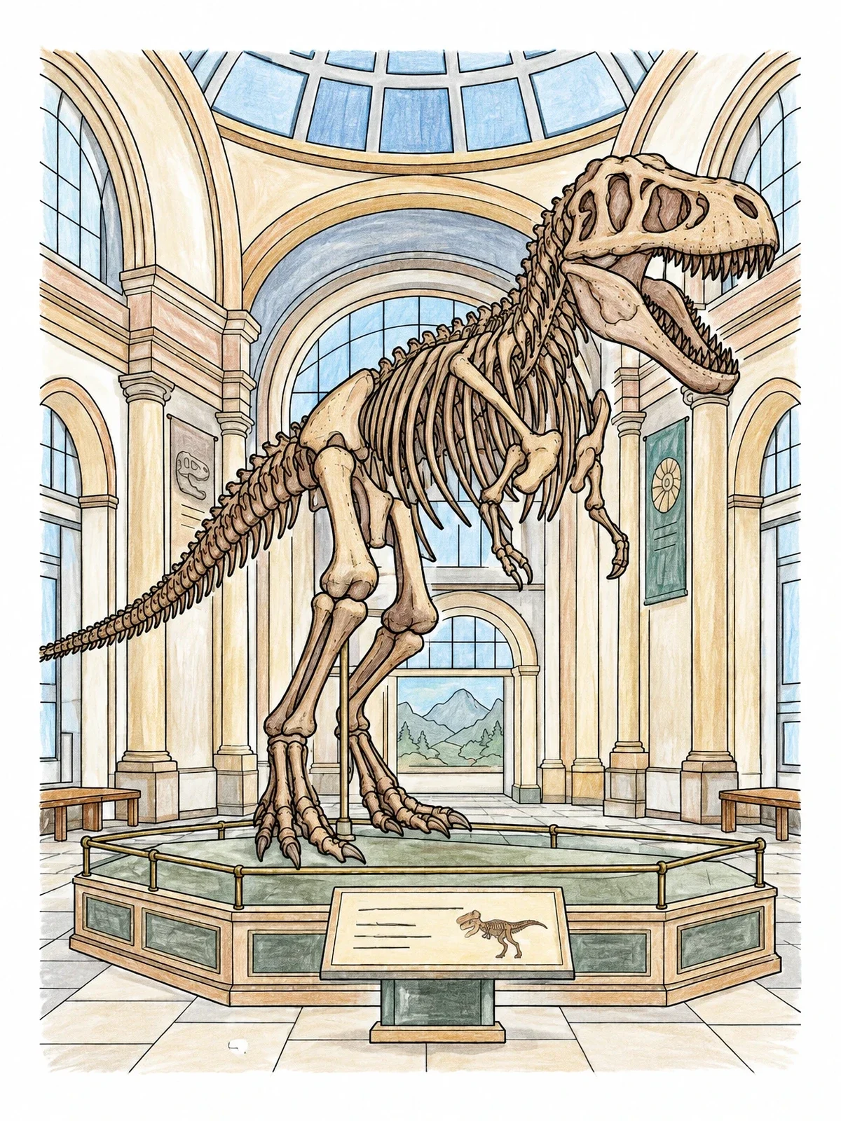 Colored example of the Tyrannosaurus Rex Museum Exhibit coloring page