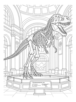 A detailed t rex coloring page showing a mounted skeleton in a grand museum hall.