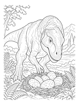 Detailed t rex coloring page featuring a dinosaur carefully watching over speckled eggs in a nest.