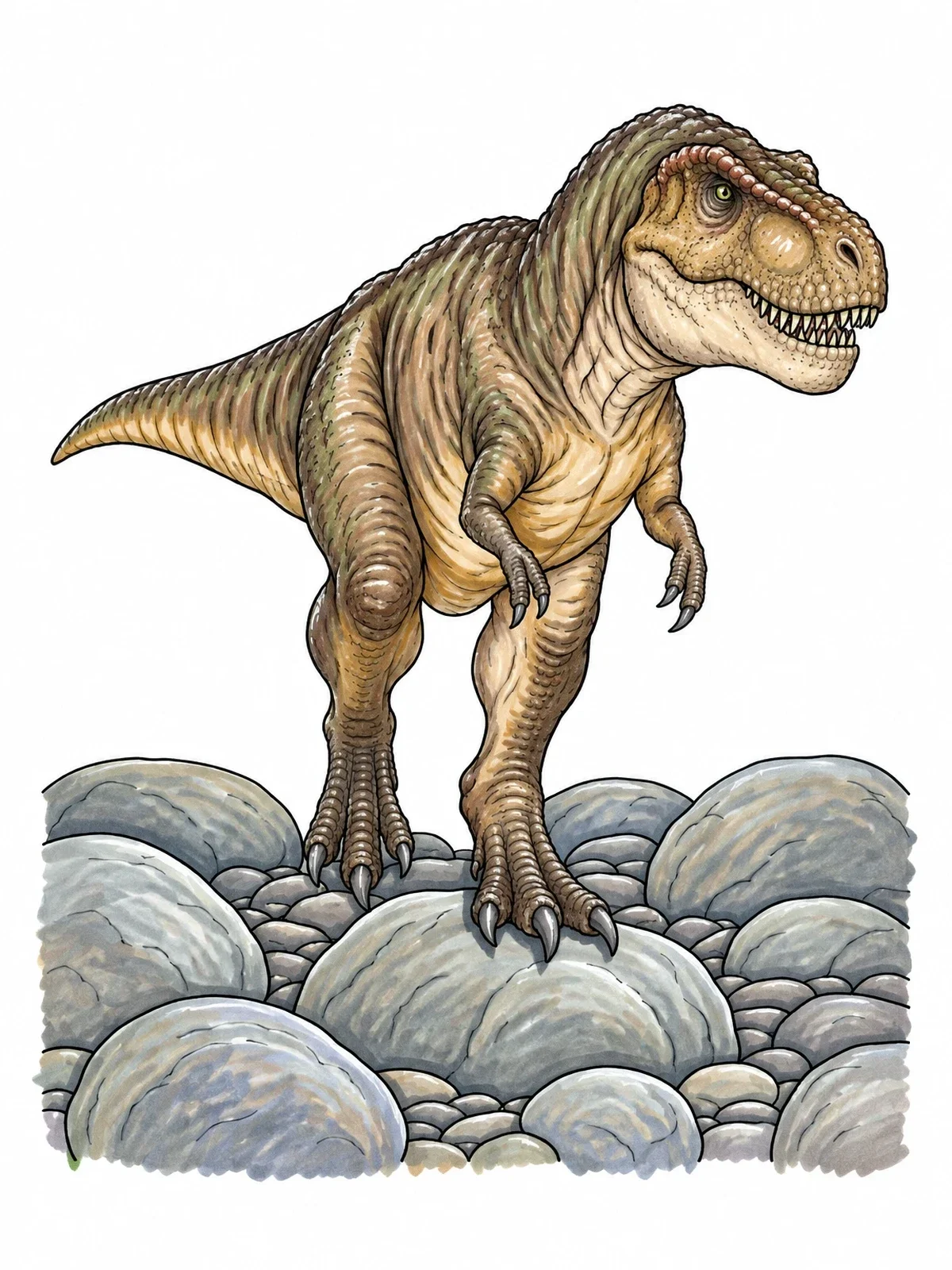Colored example of the Tyrannosaurus Rex On River Boulders coloring page