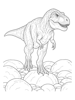 A detailed t rex coloring page featuring the dinosaur stepping over large smooth boulders.