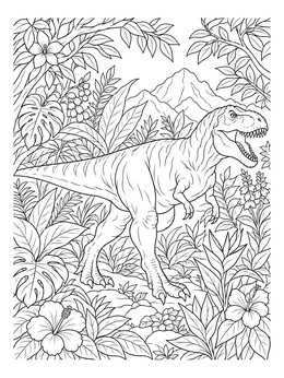 A detailed t rex coloring page featuring a roaring dinosaur surrounded by lush tropical plants and mountains.